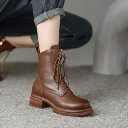 2022 autunno/inverno scarpe donna stivaletti in pelle spaccata donna punta tonda stivali grossi per le donne stivali Casual da donna neri con cerniera