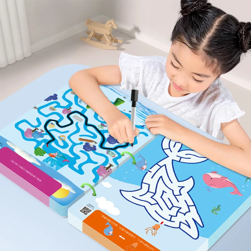 Labyrinth-Tracing-Aktivitäten, wiederverwendbares Fokus-Trainings-Arbeitsbuch für Kinder, Stiftkontrollübungen, sensorisches Lernwerkzeug für die frühe Bildung
