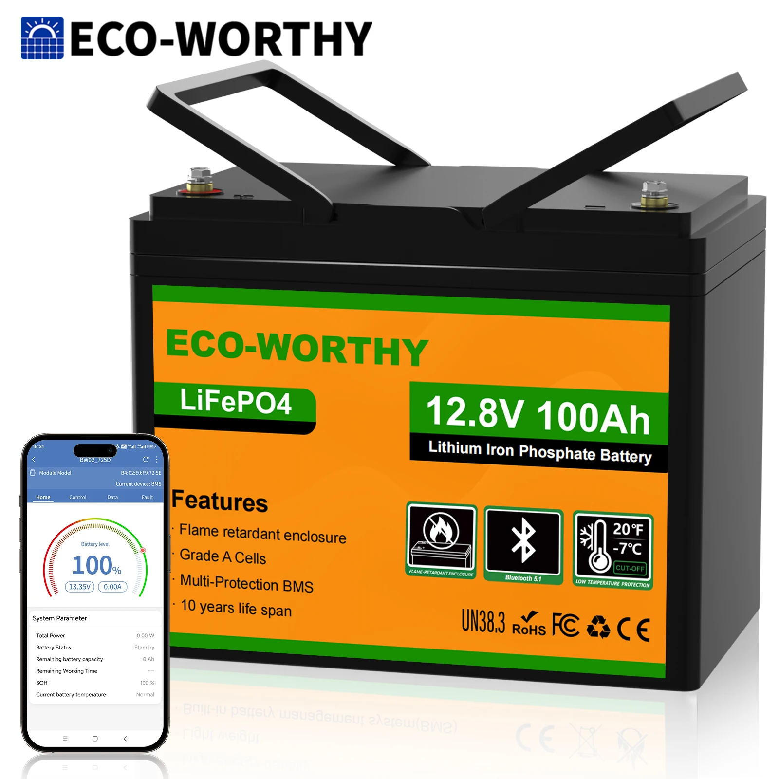 ECO-WORTHY 12V 100Ah LiFePO4 Lithium Leisure Battery, 1280Wh with Bluetooth & Low Temp Protection, Group 24 for Motorhome