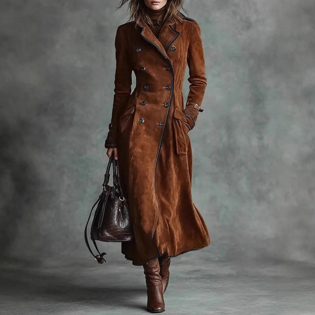 

New Women's Clothing Autumn and Winter Suede Western Style Lapel Collar Long Trench Coat