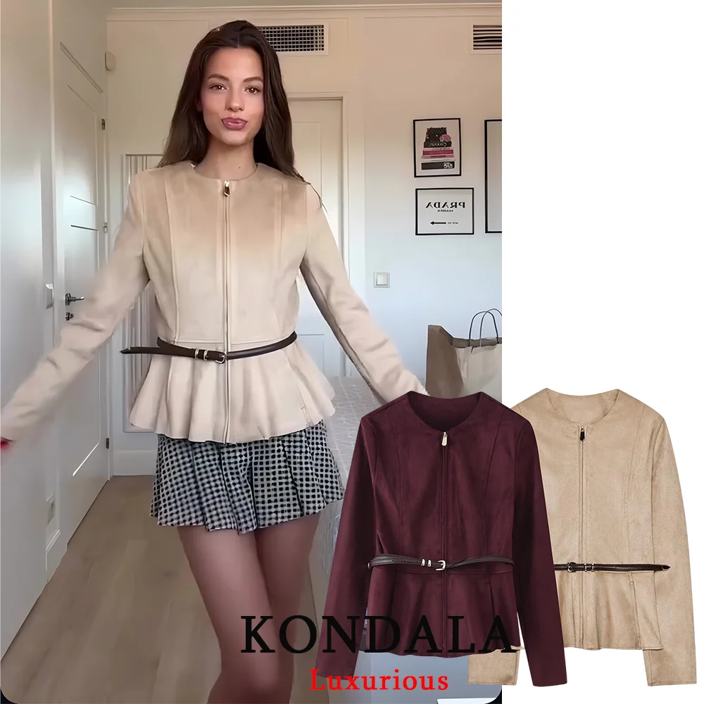

KONDALA повседневные замшевые куртки-футляры с поясом, женские тонкие куртки с длинным рукавом и круглым вырезом на молнии, верхняя мода, осень-зима 2025 года, верхняя одежда