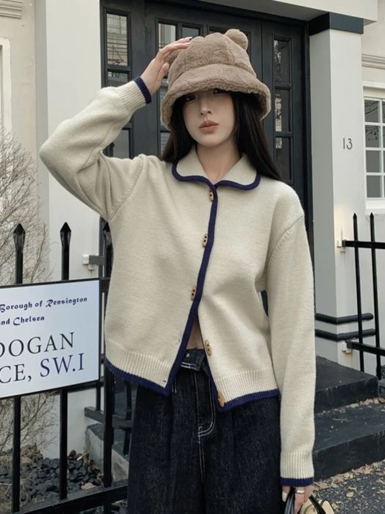 

Korobov Vintage Patchwork Long Sleeve Casual All Match Single Breasted Korean Knitted Sweater