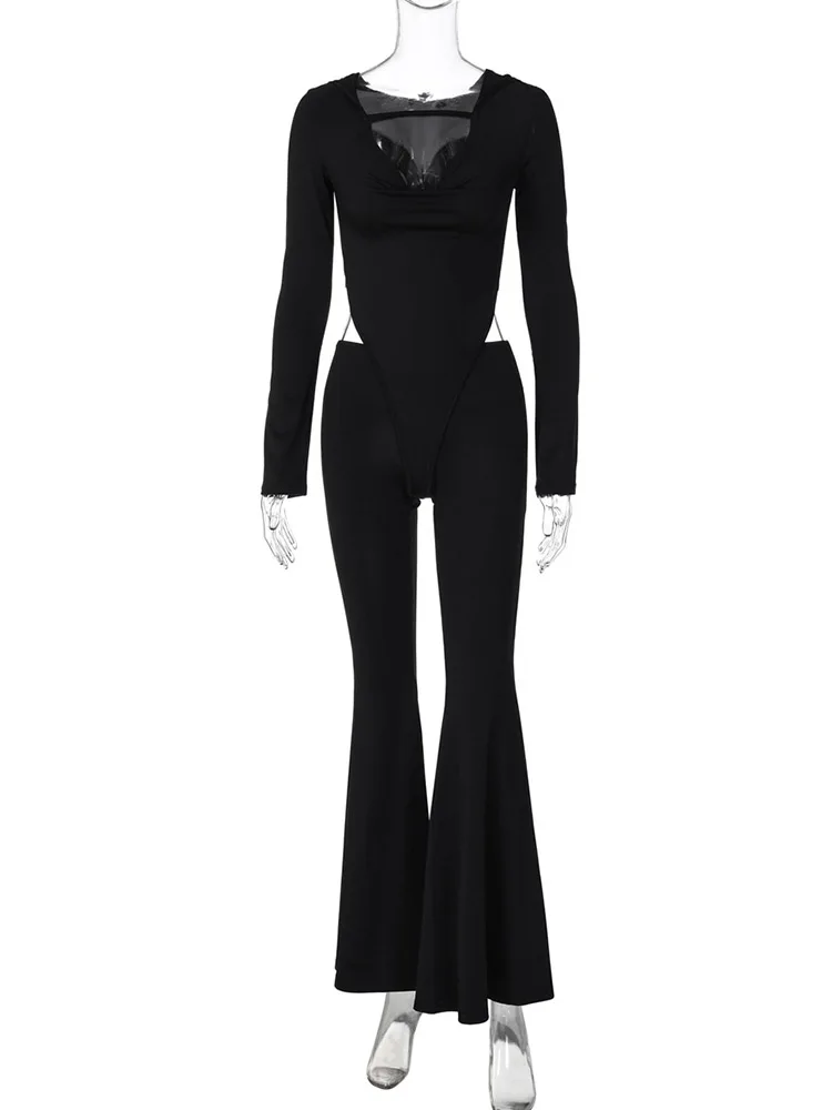 Ahagaga Mode Sexy Club Jumpsuits Voor Dames Solide Uitgeholde Slanke Pasvorm Met Capuchon En Lange Mouwen Rompertjes V-Hals Zwartloze Streetwear