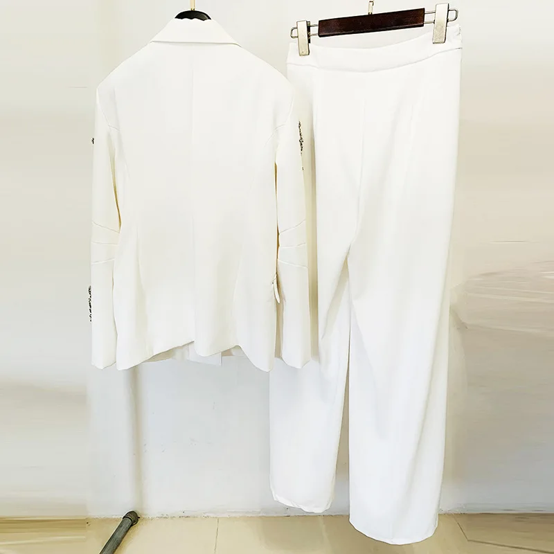 Casaco de diamante feminino, blazer branco, conjunto de calças largas frisadas, ternos de 2 peças, ocasião formal, senhora do escritório, designer,