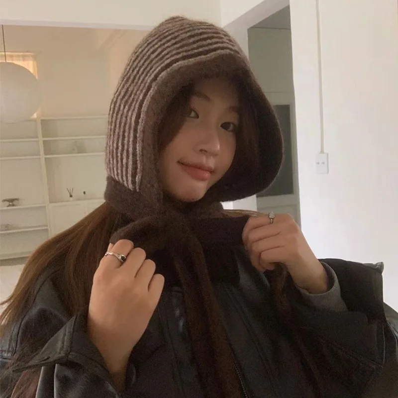 Neue japanische Wollmischung, gestreifte Strickmütze mit Schnürung, zum Schutz der Ohren, ideal für den Winter, zum Schutz des Nackens im Freien, warme Bombermütze. – Detail 2