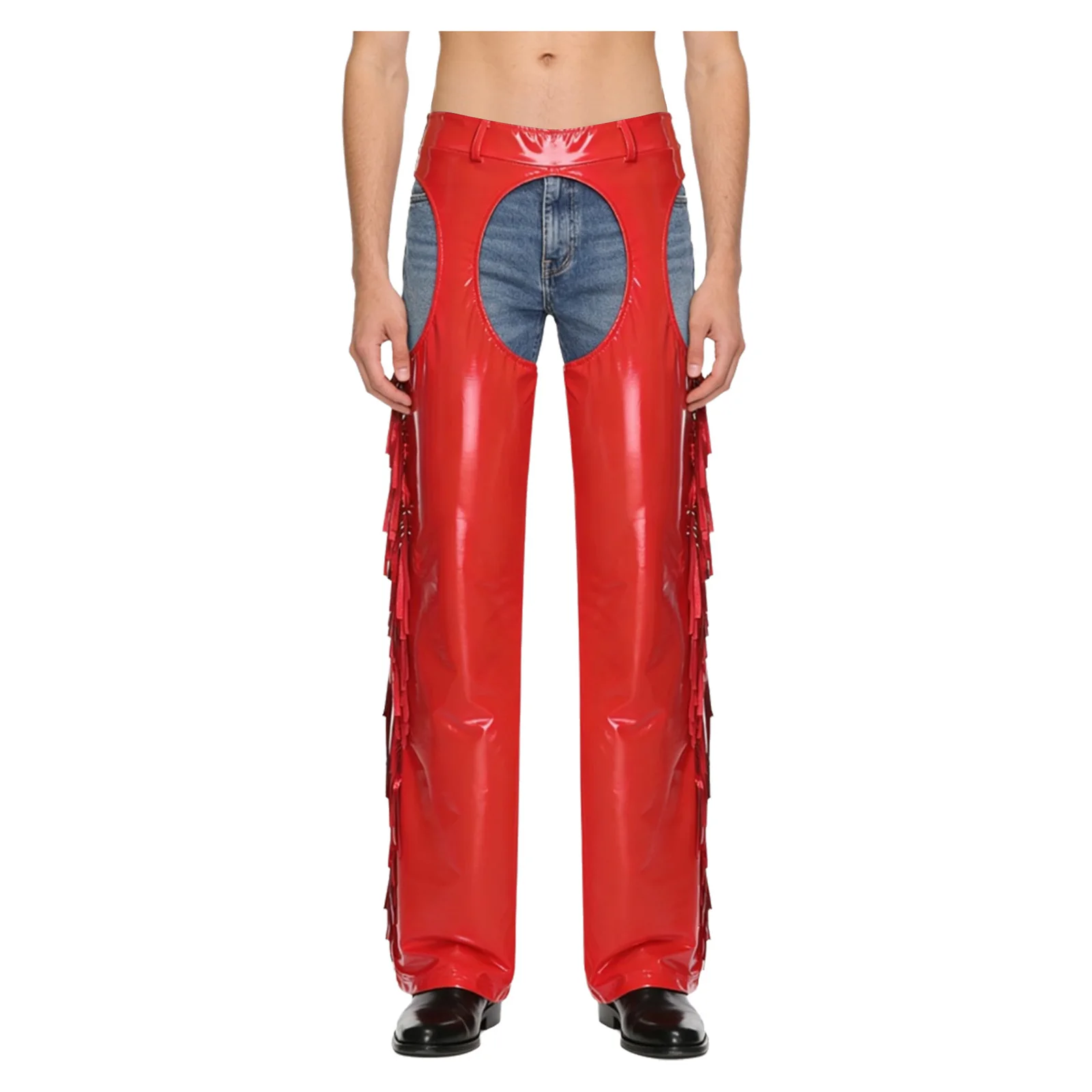 

Мужские глянцевые брюки-шопы с вырезами в промежности и боковыми швами с кисточками, широкие длинные брюки для ковбойских вечеринок, клубная одежда