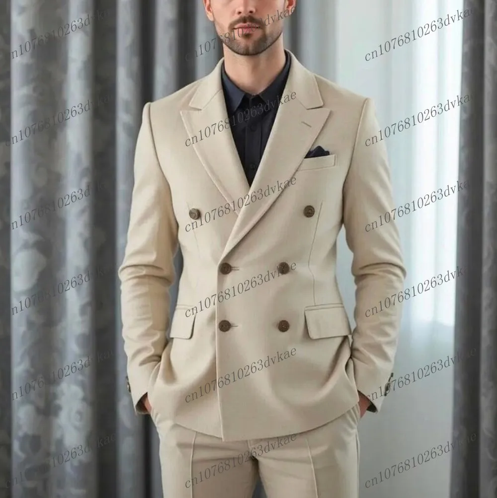 

New Beige Formal Occasions Business Men Suit Groom Groomsman Wedding Party Prom Male 2 Piece Set Tuxedos Blazer Pants