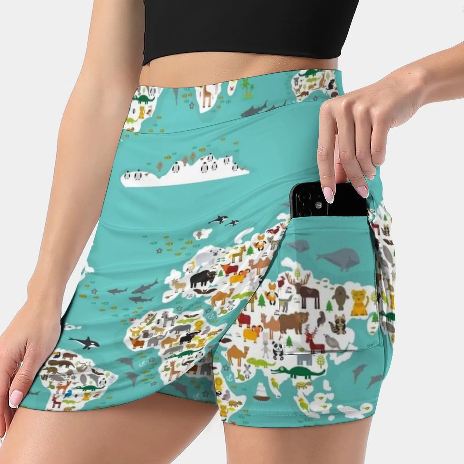 

Cartoon Animal World Map For Children And Kids , Animals Women's skirt With Hide Pocket Tennis Skirt Golf Skirts Badminton