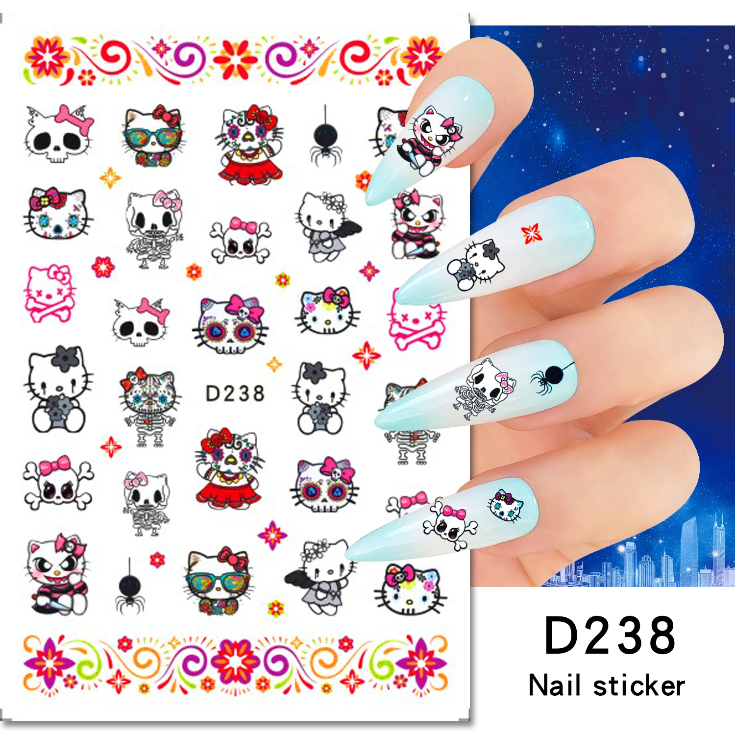 1PCS Halloween Cartoon Hello Kitty Nail Stickers Horror Style Nail Art Decal Sanrio Kurome Anime 3D Stickers Press on Nail