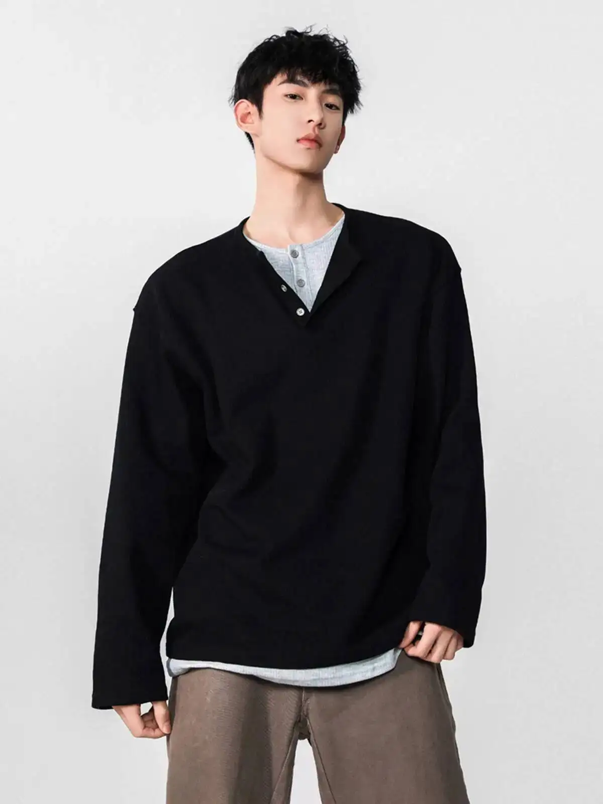 

Men's Sweater 2025 Vintage Fake Two Piece Henley Collar Long Sleeve T Shirt Loose Versatile Cool Casual Couples' Base Layer