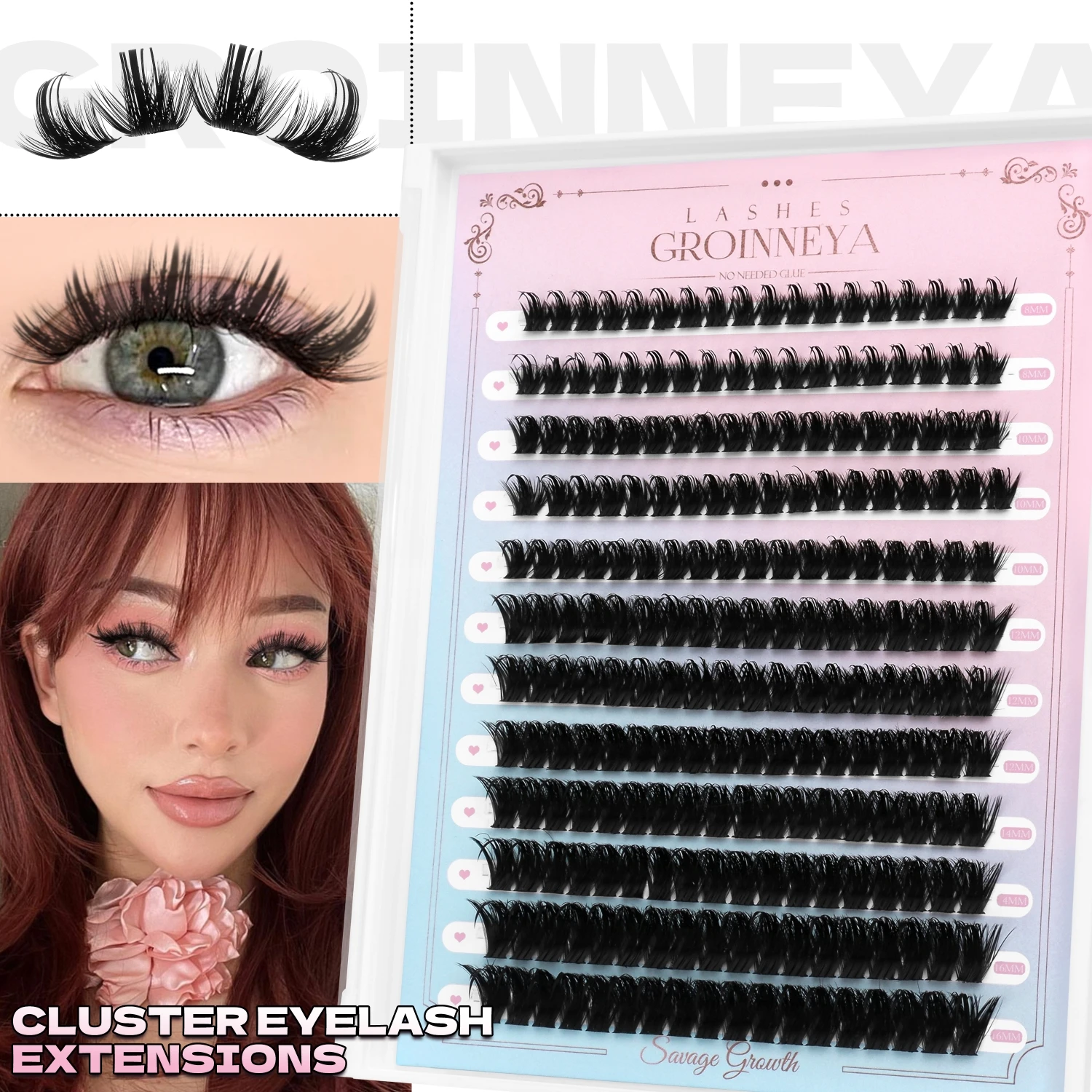 GROINNEYA Eyelashes Clusters Fluffy Cluster Lashes Volume Mixed Tray Lashes Cluster Wispy Lashes Eyelash extension