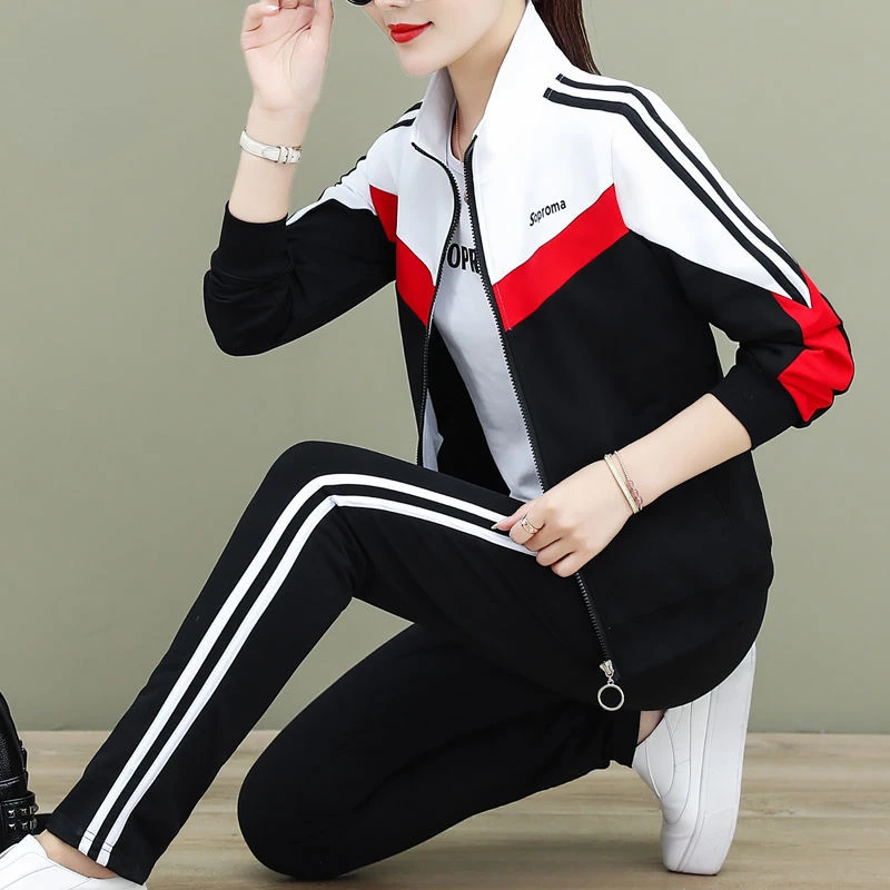 Stripe Sports Suit Women\'s Spring And Autumn 2023 Loose Coat Three Piece Suit Women\'s Fashion Running Casual Wear