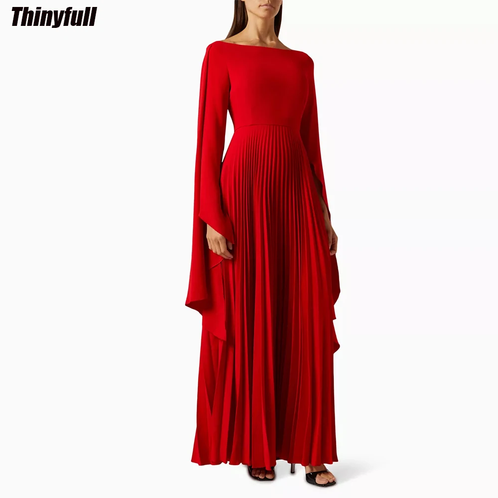 

Thinyfull A-line Satin Red Arab Prom Dresses O-neck Long Sleeves Evening Party Gown Pleat Dubai Outfit Formal Occasion Dress