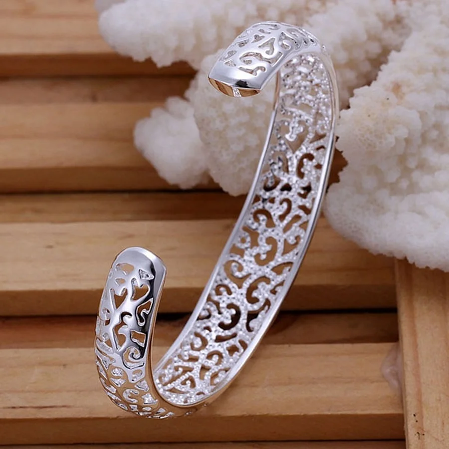 925 Sterling Silver Open Bangle Bracelet Girl Cute Favorite Gift Retro Charm Exquisite Circular Fashion  Jewelry