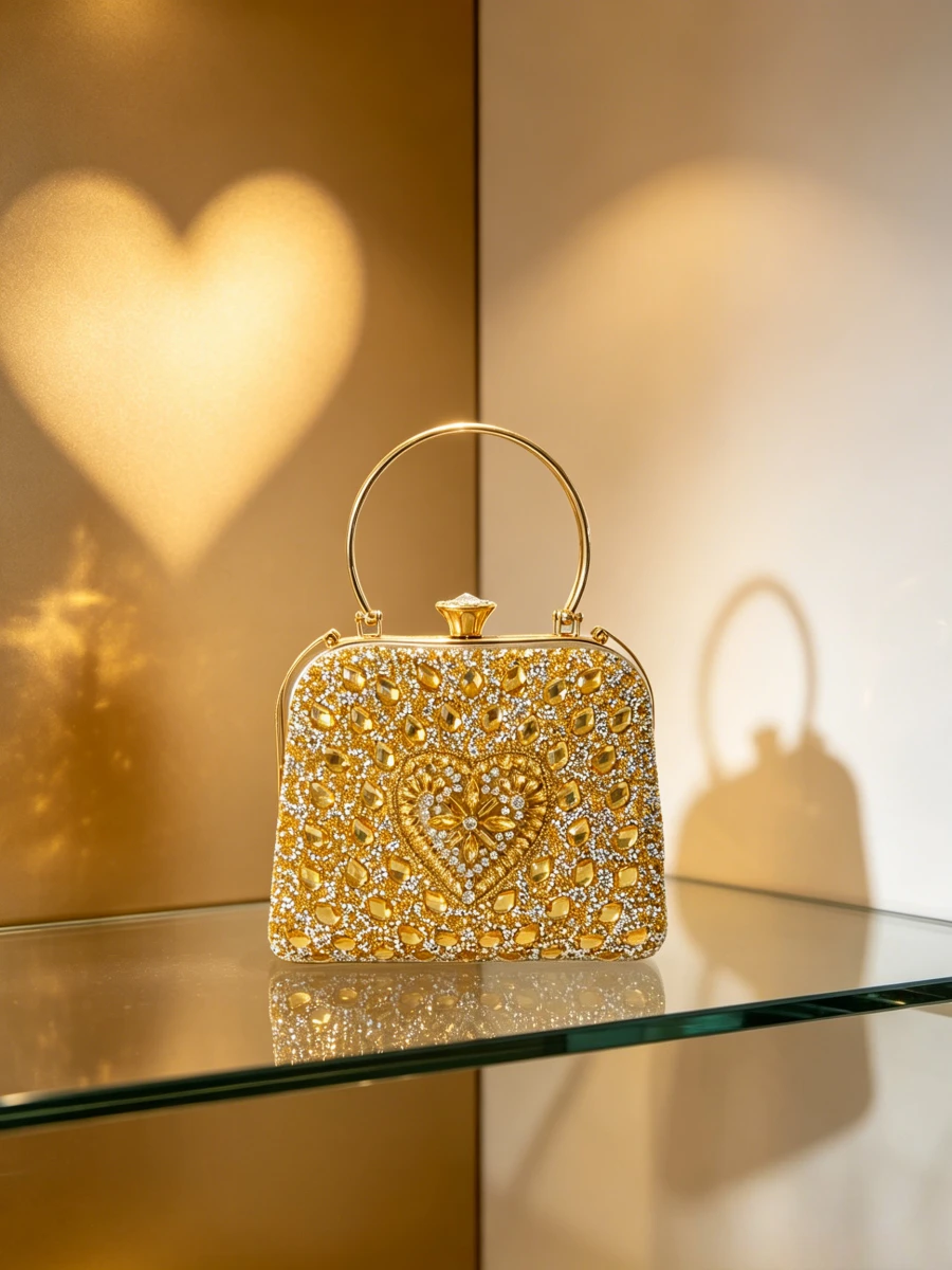 Gold Heart Radiant Rhinestone Ring Handle Clutch Bag Women Fashion Runway Party Wedding Evening Handbag Sac De Marque Luxe Femme