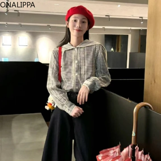 Onalippa Contrast Plaid Sailor Collar Shirts Single Breasted Casual Womens Tops Korean Chic Design Versatile Vintage Blouse