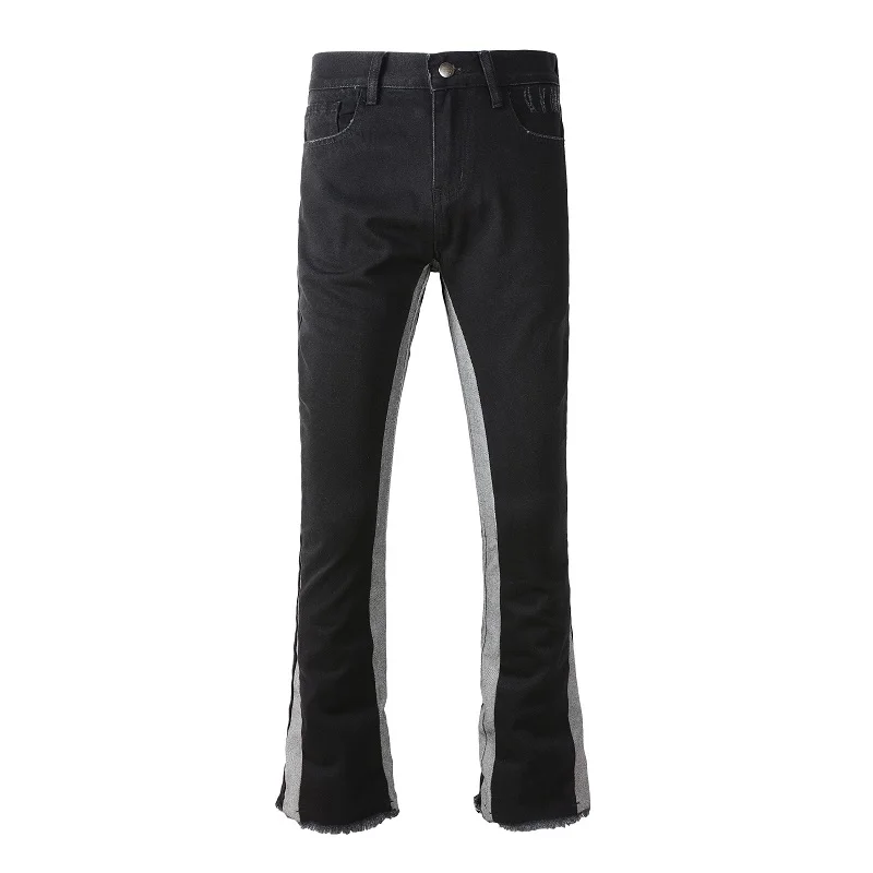 

Men Boot Cut Denim Jeans Fringe Release Hem Spliced Black Pants Non Stretch Flared Trousers