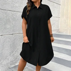 Summer Casual Women's Shirt Dress Classic Solid Color Party Shirt Dress Temperament Short Sleeve Women's Knee-Length Dress