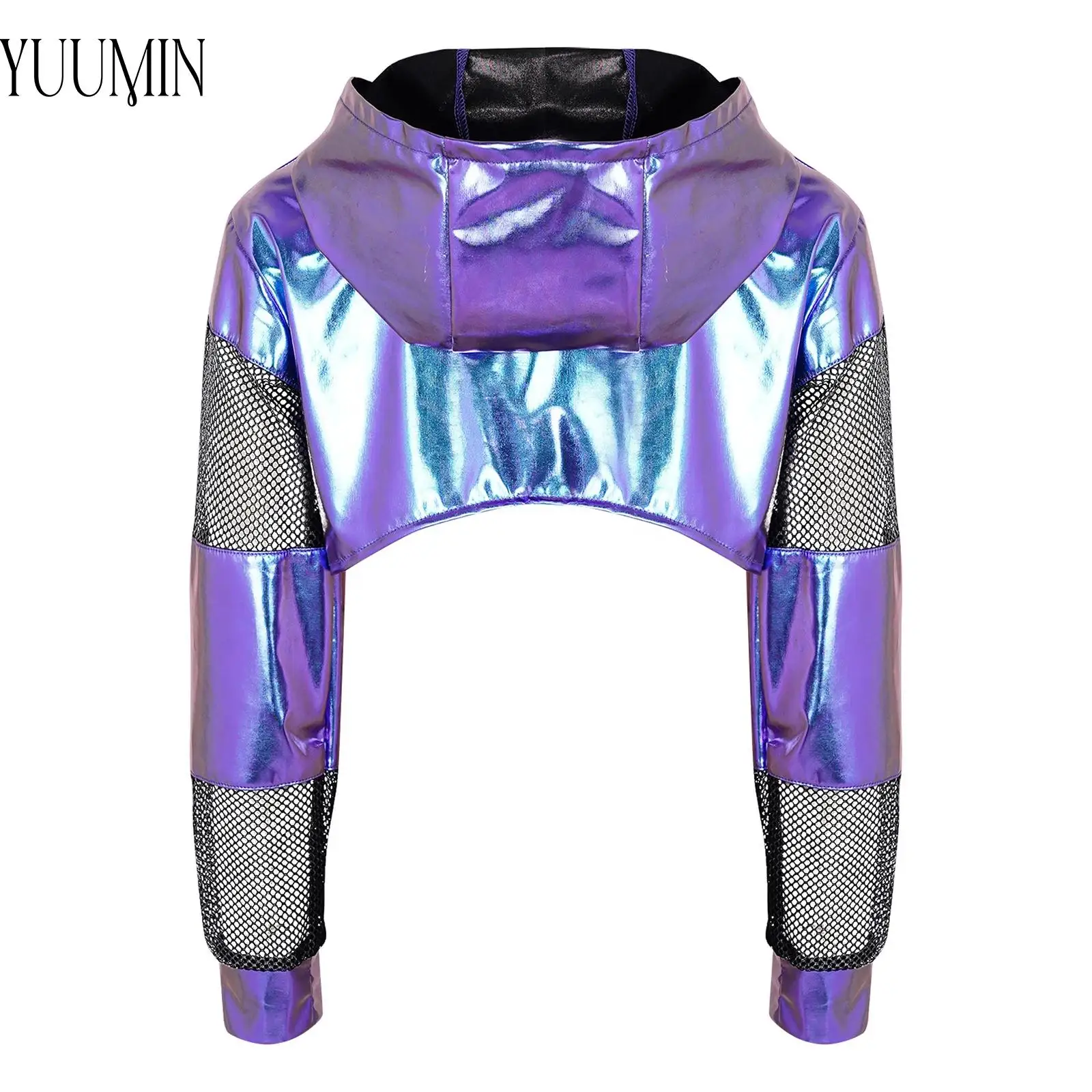 Kids Girls Metallic Mesh Hooded Crop Top Long Sleeve Sparkly Stretchy for Hip Hop Jazz Dance Stage Performance Street