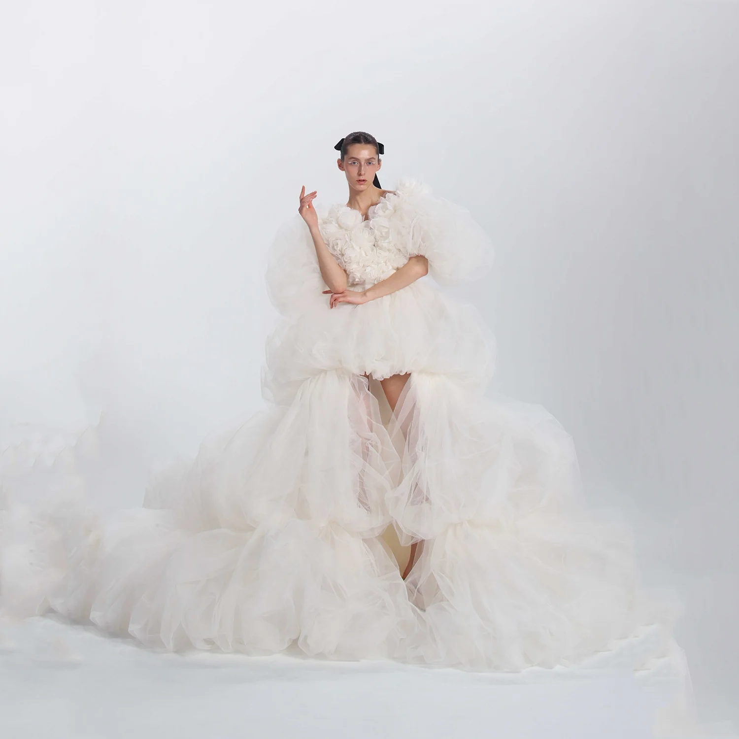 Fluffy Bridal Dresses with Sleeve Long Layered Prom Gowns Layered Ivory Customized Half Sleeves Prom Dress Tulle Asymmeteri