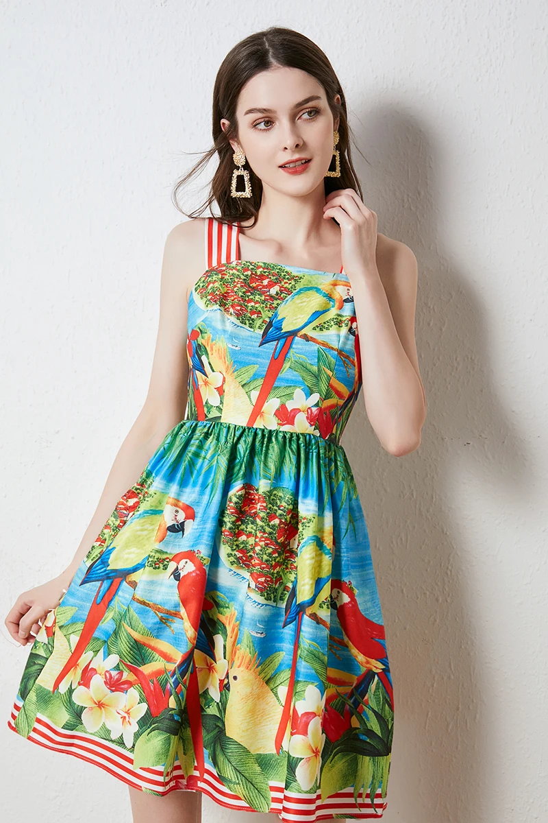 Sweet Girls Cartoon Birds Floral Printed Summer Dress 2023 Women's Sleeveless Slash Neck High Waist Holiday Short Vest Vestidos