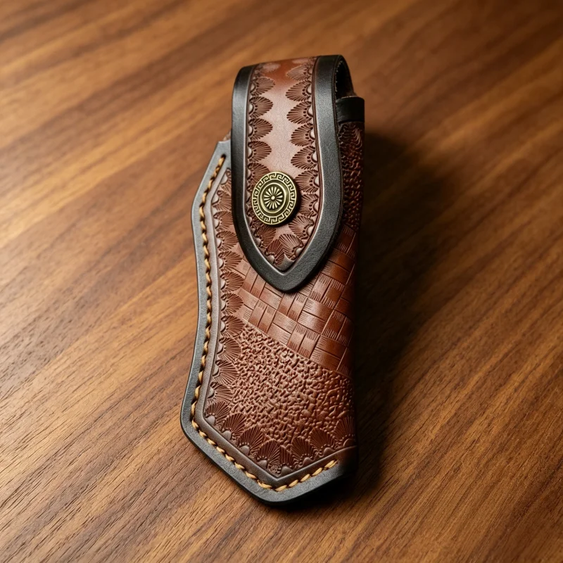 Vintage Embossed Cowhide Folding Knife Scabbard Decorative Metal Button Pocket Knife Storage Sheath Accessories Unsharpened, blu