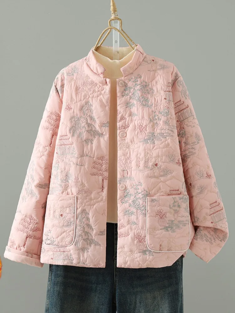 Elegant Cotton Jacket with Embroidery Heavy Work Mommy Style Winter Coat Female Long Sleeve Stand Collar Single Button Closure