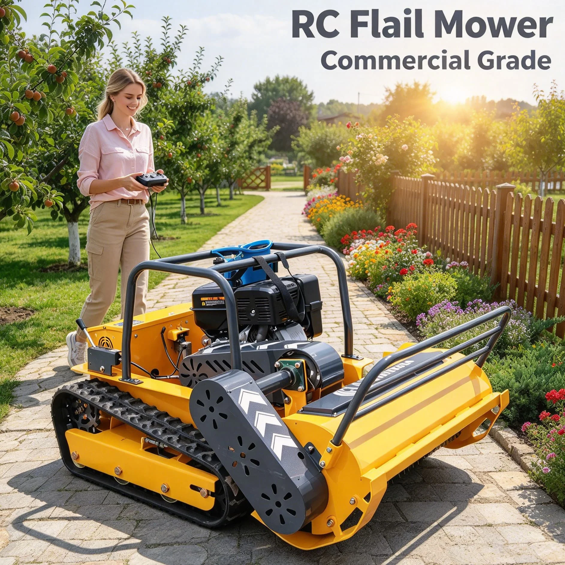 Customized mountain four‑stroke radio control mower with tracked frame, anti-slip crawler lawn mower for steep slope operation