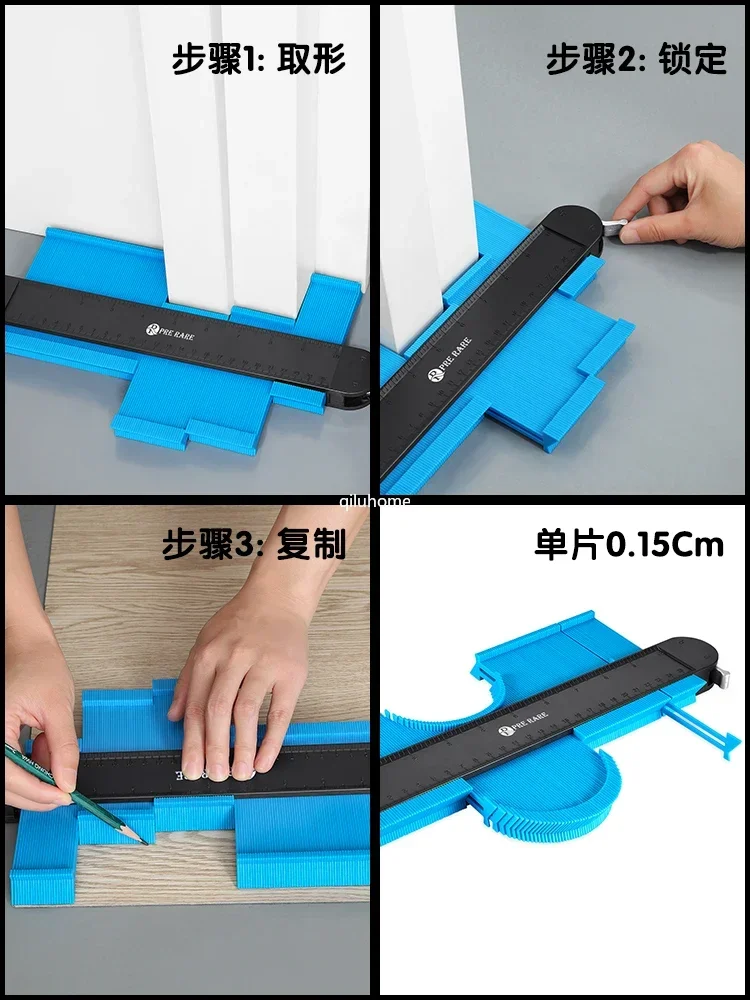 Sampling for woodworking with angle measuring gauge, divine tool, contour gauge, arc ruler