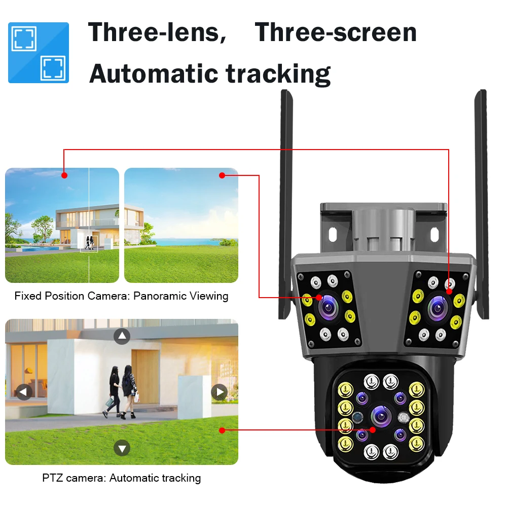 12MP 6K WIFI IP Câmera externa com rastreamento de movimento PTZ 4K Câmera de vídeo com três lentes e três telas Sistema de segurança à prova d'água