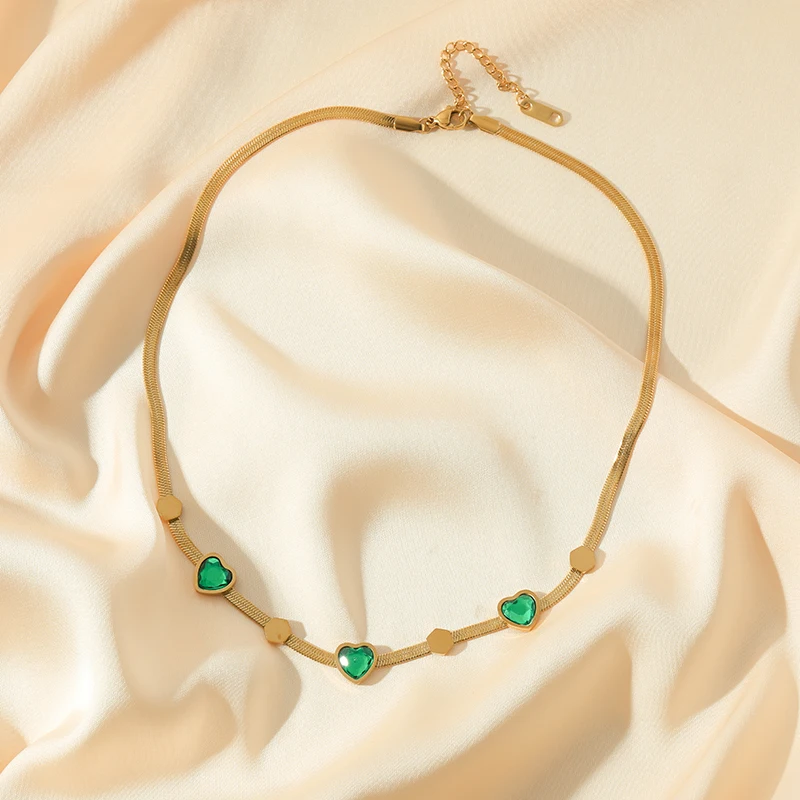 EILIECK 316L Edelstahl 1 Set Herzförmige Grüne Kristall-Halskette Ohrringe für Frauen Mädchen Mode-Schmuckset Geschenk Party – Detail 11