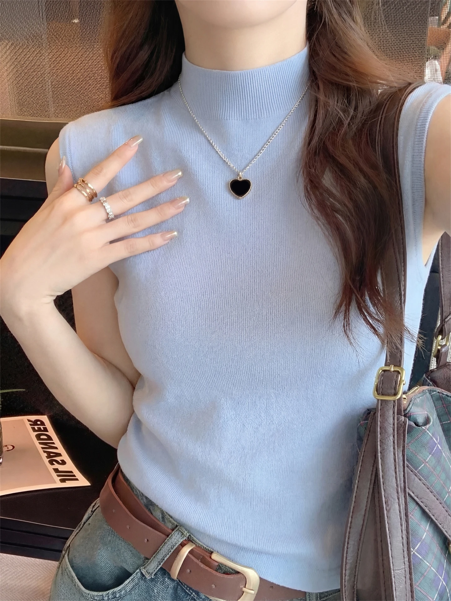 

Blue Svel f High Collar Vest Women's Spring New Sle Slimming Inner Wear Faionable Outerwear Anti-Aging Trend