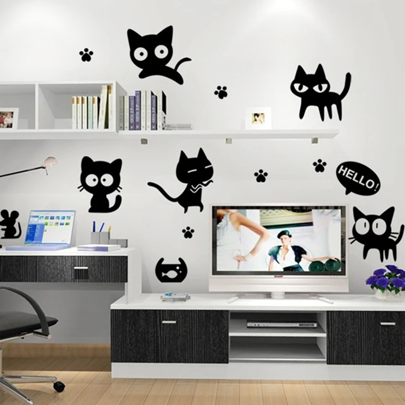 Cute Cartoon 3D Black Cat Vinyl Wall Stickers Home Decoration Wallpaper for Living Room Kids Bedroom Laptop Bathroom Tile Toilet