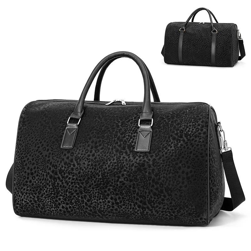 Men Business Travel Duffle Bag Black Leopard Handbag Fit 16 Inch Laptop Overnight Commuter Bag for Business Trips Vacations