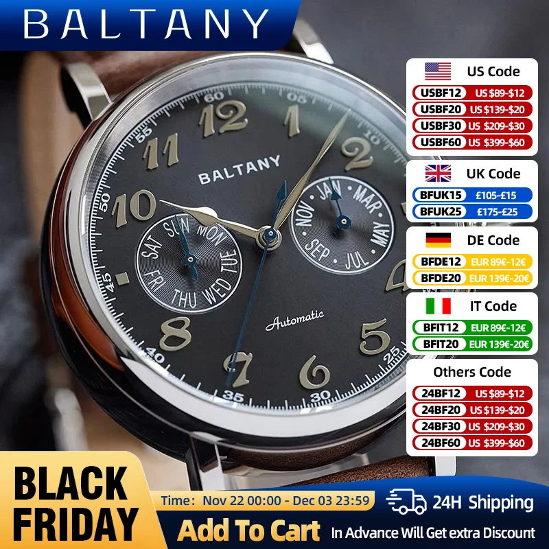 Baltany Week Month Function Watch Miyota 9122 Movement Vickers 500HV 50M Waterproof Sapphire Crystal Men's Mechanical Watches