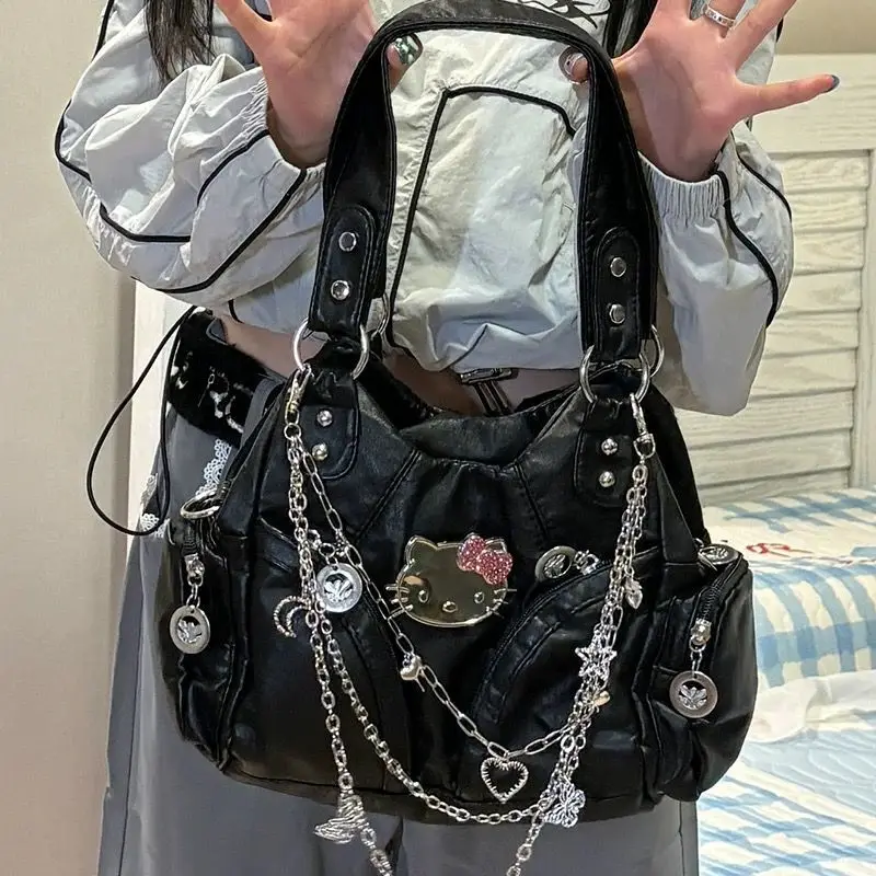 Sanrio Hello Kitty Y2K Spicy Girl Niche Design Handbag Korean Version Fashion Shoulder Bag Subculture Gothic Style Crossbody Bag