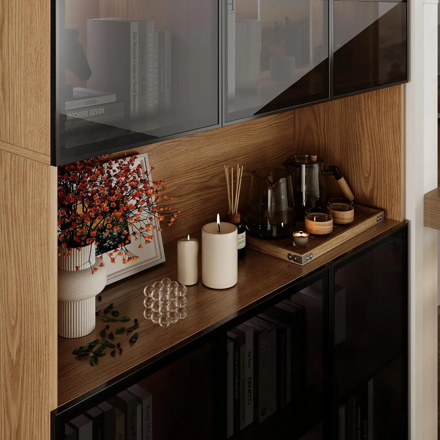 Wooden Display Cabinet Glass Doors & RGB Lights, 5-Tier Shelf Books Kitchen Pantry, Walnut 47.2"Wx16.5"Dx78.7"H, Customized - view 5