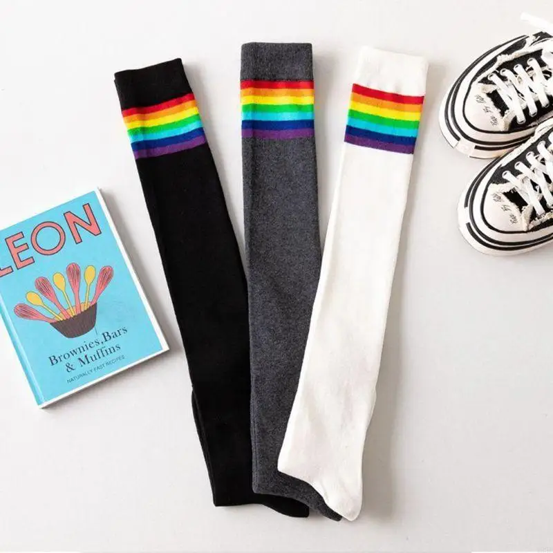 195E اليابانية النساء الفتيات الخريف فوق الركبة الفخذ العليا جوارب مشرق قوس قزح المشارب المرقعة نمط Preppy طالب بسط #4