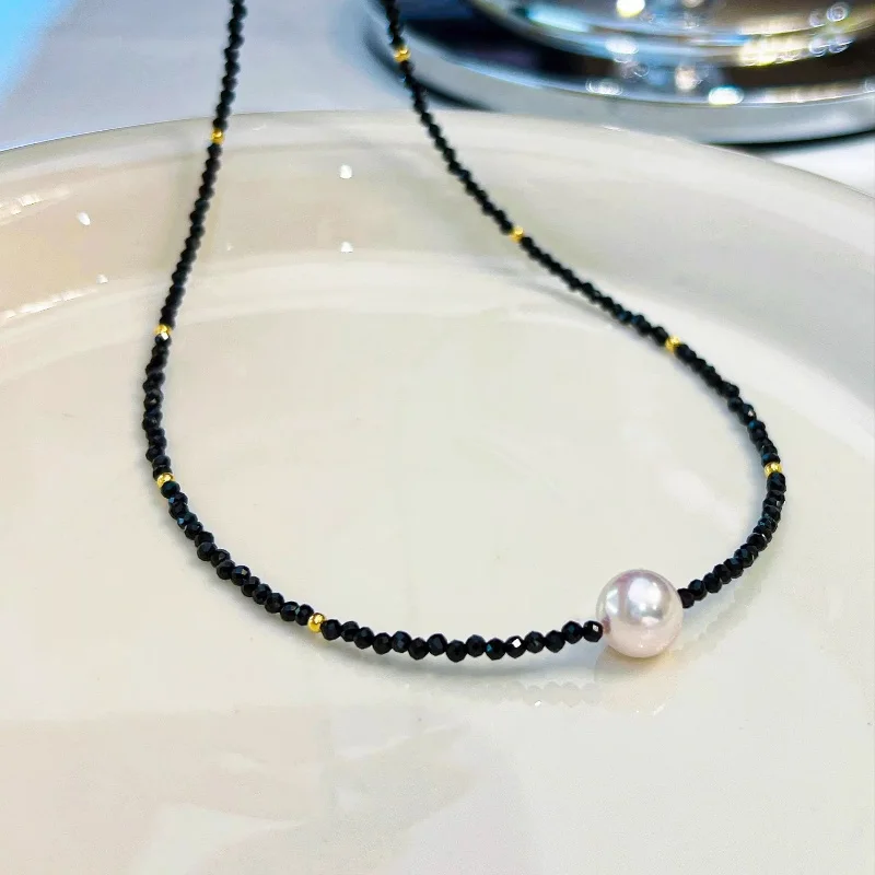 

Новые ювелирные изделия, ожерелье из чистого 18-каратного желтого золота, черный кристалл, спиннель, камень, натуральный пресноводный жемчуг Au750, свадебный подарок для вечеринки X733