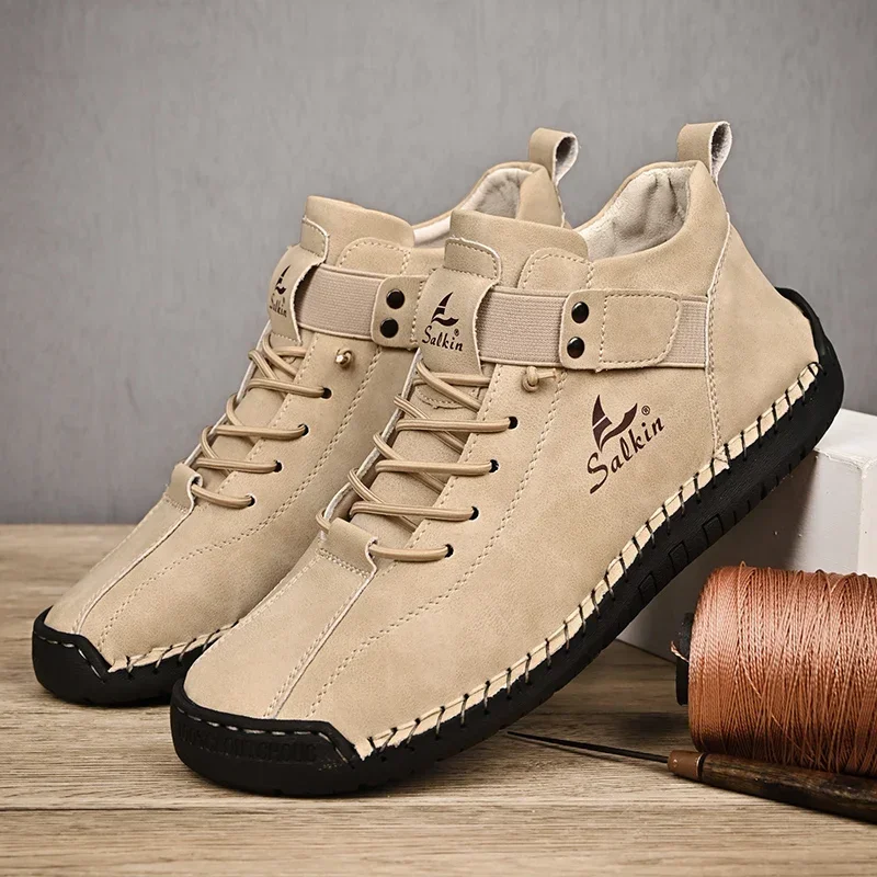 New 2024 Handmade Leather Casual Men Shoes Design Sneakers Man Breathable Leather Shoes Men Ankle Boots Outdoor one tree boot