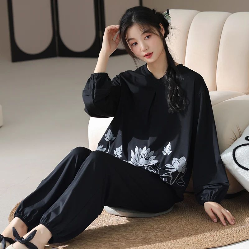 

Осенне-зимние женские пижамные комплекты, хлопковая одежда для сна с цветочным принтом, повседневные мягкие женские пижамы с длинными рукавами и круглым вырезом