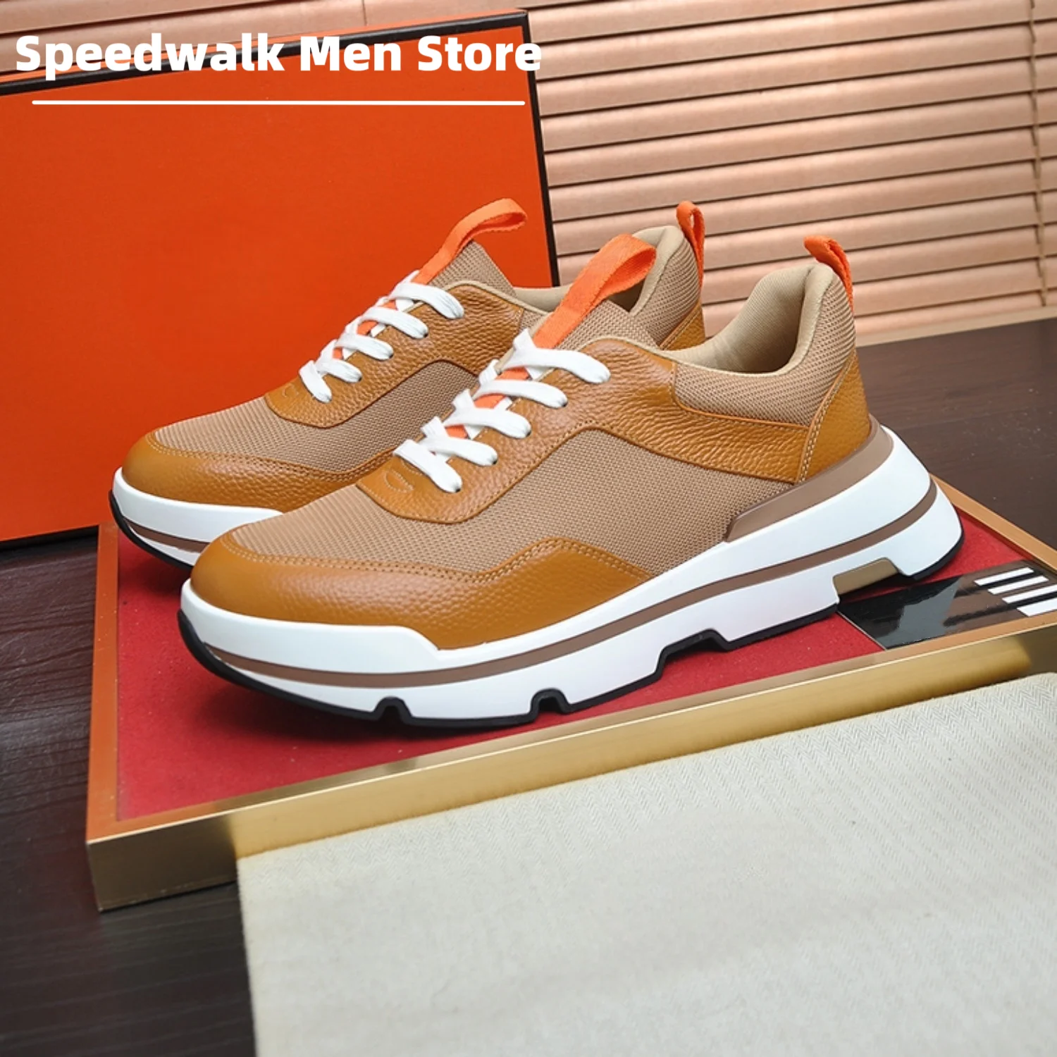 2026New Men Two Tone Leather Mesh Platform Sneakers Spring Autumn Lace Up Color Block Thick Sole Walking Casual Trainers