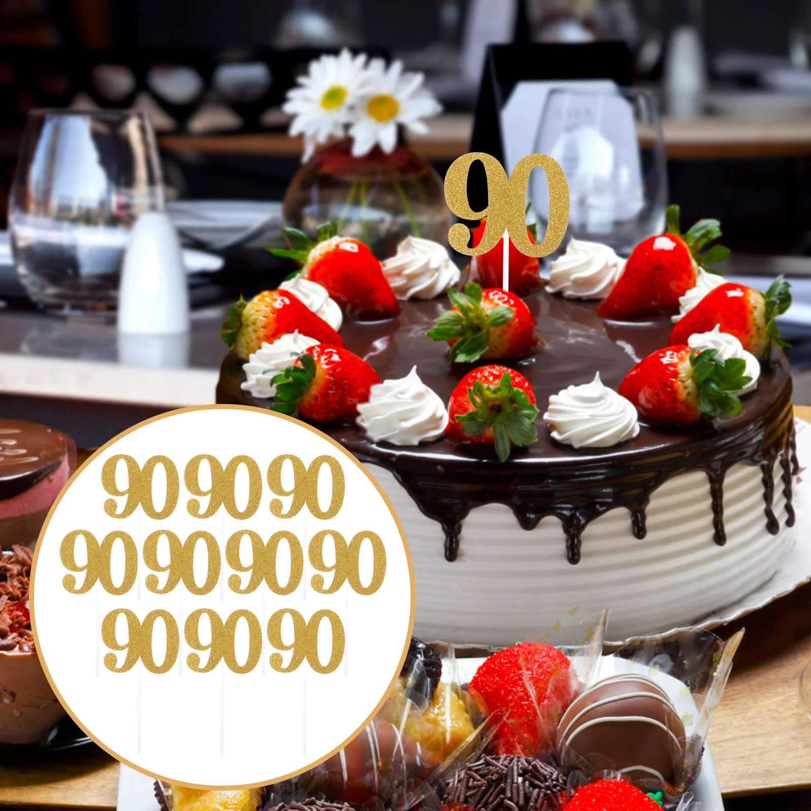 

10Pcs Number 90 Birthday Cupcake Toppers Glitter Decorative Picks for 90th Birthday Party Cake Number Cupcake Pick