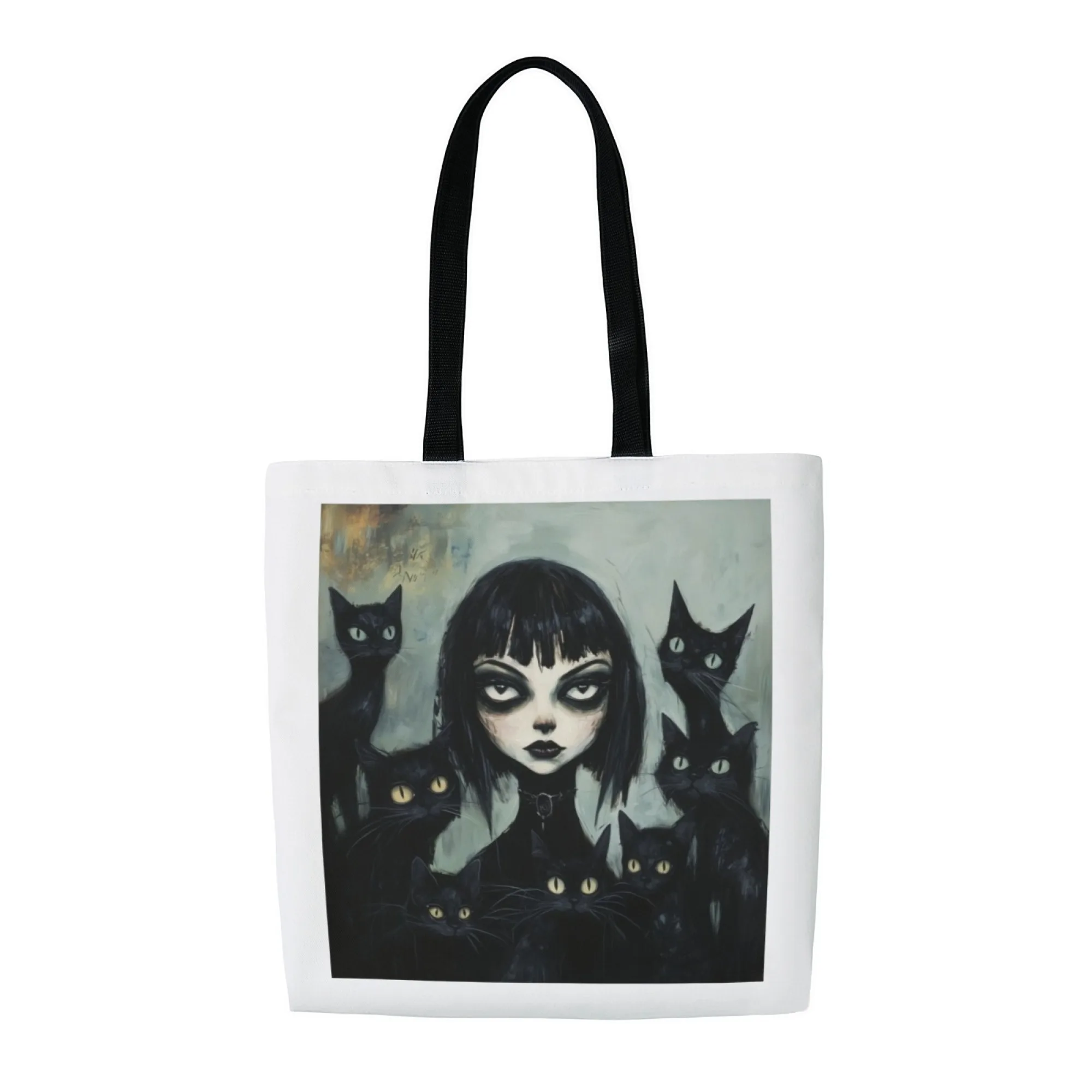 Urban Edgy Gothic Canvas Tote Bag Dark Cat & Girl Art Print Shoulder Bag Women's Stylish Perfect for Dark Aesthetic Fans