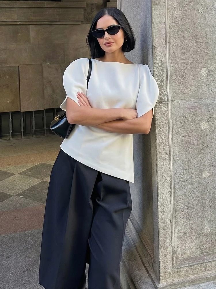 HH Spring Summer Women Casual Asymmetrical T-Shirts Fashion Solid Female O-Neck Short Puff Sleeve Blouse Lady Office Chic Tops