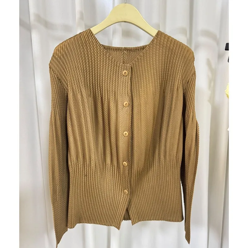 

Miyake Pleated Jacket 2026 Spring New Single-breasted Jacket Minimalist Wind Solid Color Loose Round Neck Fold Jacket Tops Women