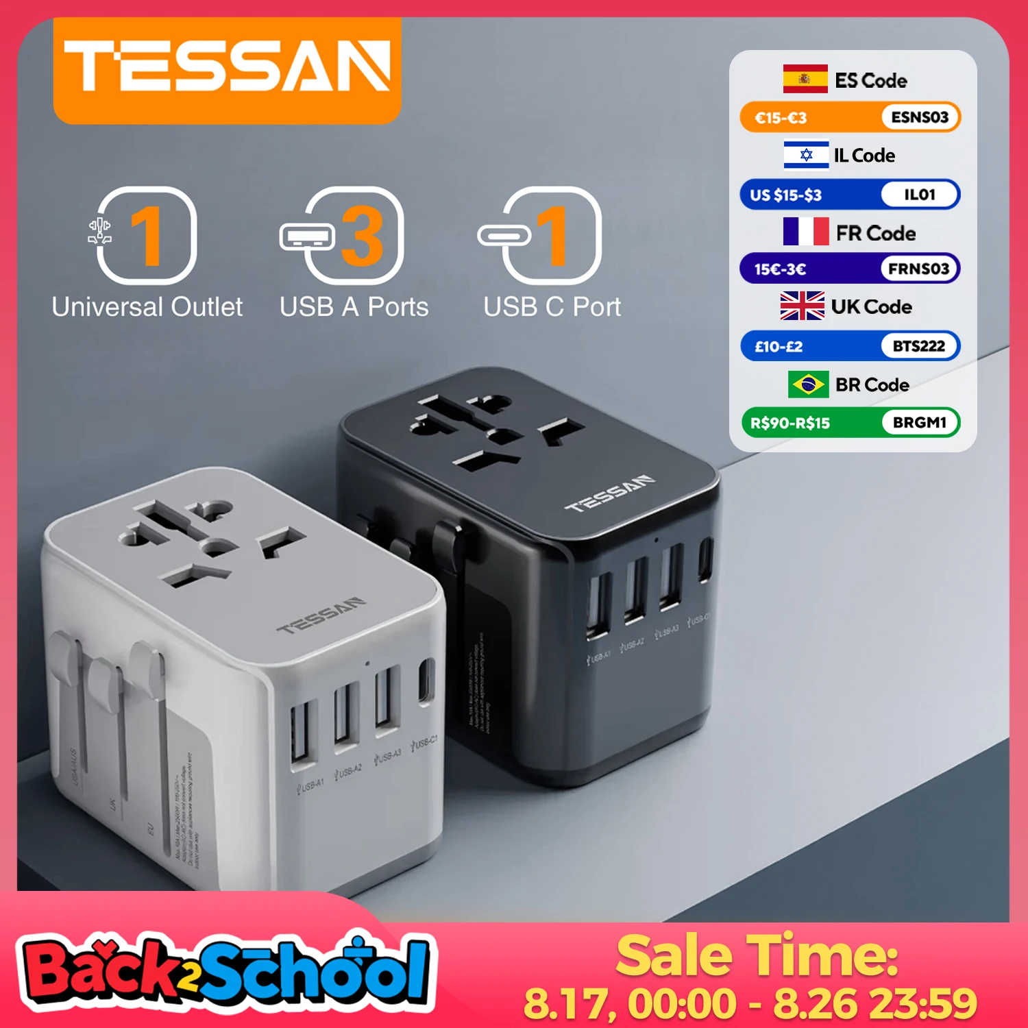 TESSAN Universal Travel Adapter with USB Port and Type C, Worldwide Power Adapter EU/UK/USA/AUS Plug for International Travel