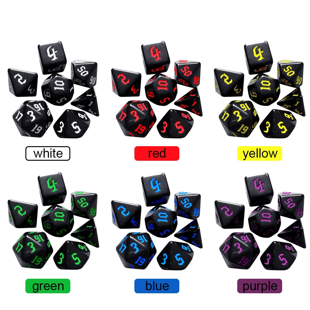 7pcs/Set Multi-Sided Digital Dice Set D4 D6 D8 D10 D12 D20 Opaque Polyhedral Dices for Tabletop Role-Playing Game DND