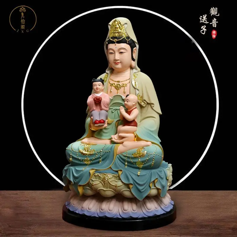 Colorful Resin Guanyin Statue for Fertility Blessing Home Worship Ornament Pray for Boy Girl and Twin Children
