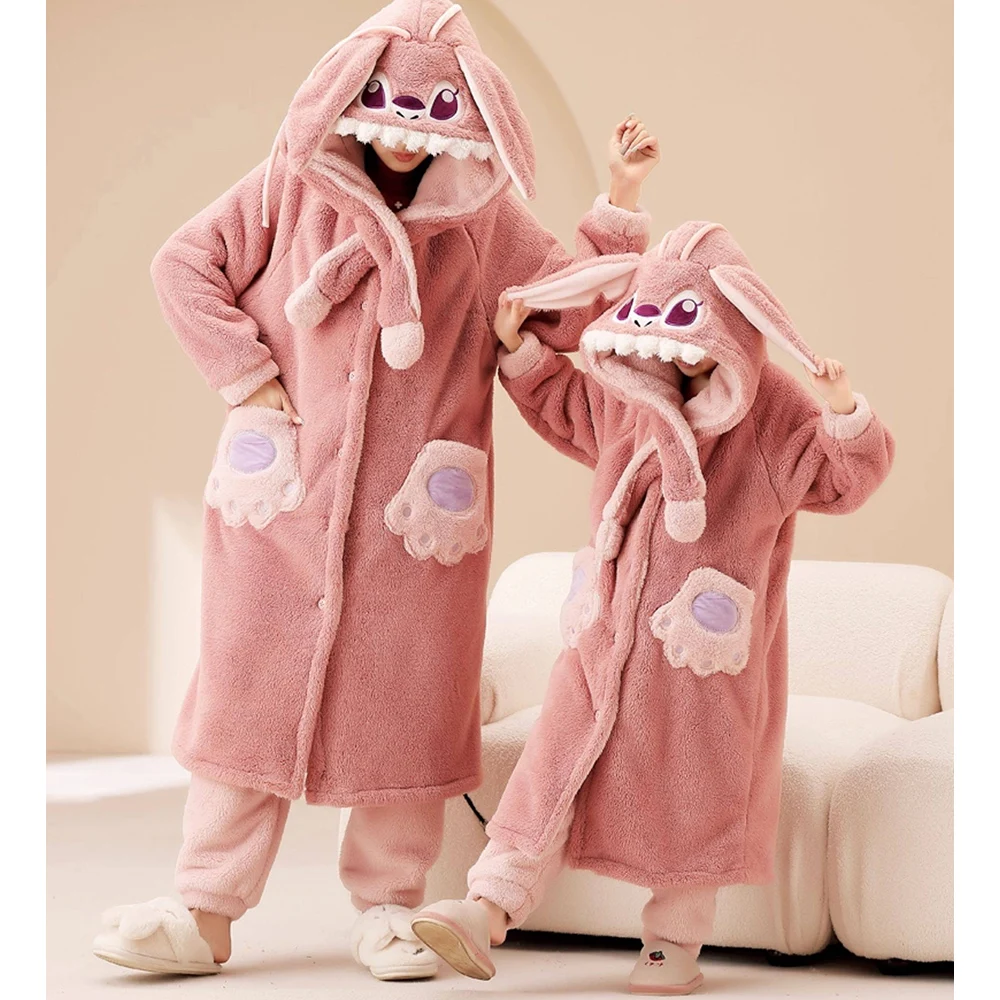 ديزني غرزة أنيمي الأطفال الوالدين والطفل المخملية منامة المرجان بيجامة من الصوف Kawaii الكرتون رشاقته ملابس المنزل بيجامة عائلية